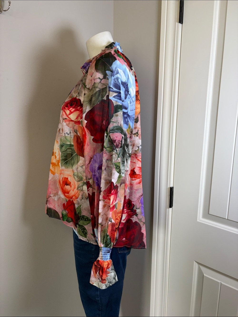 Alice and Olivia Norah Ruffle Peasant Top Cotton Silk Red Blue Floral Sz S - Picture 6 of 13